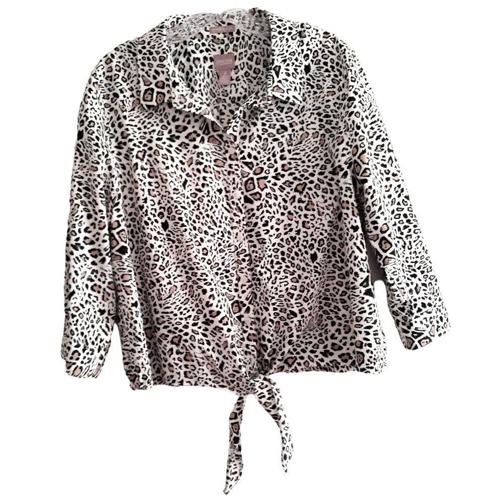 Chico's Wrinkle Resistant Top Blouse Women's Size 3- XL/ 16 Leopard Print Front